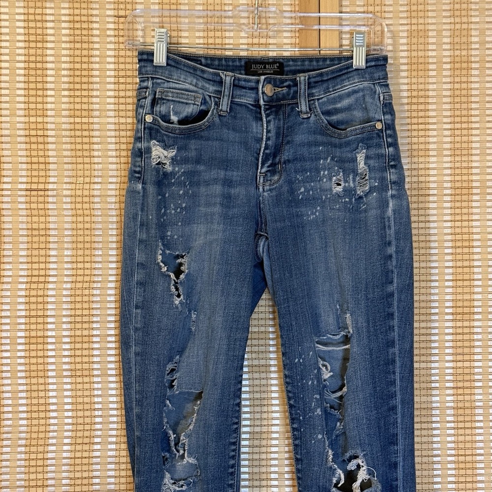 Judy Blue Womens 1/25 Jeans Blue Straight Stretch Distressed Streetwear Gothic - Picture 2 of 11